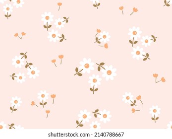 Seamless pattern with daisies and small orange flower on pastel background vector illustration. Cute floral print.