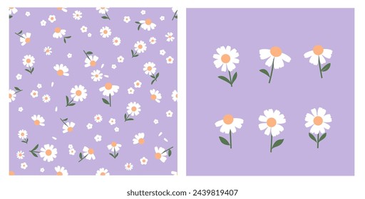 Seamless pattern with daisies and small white flower on purple background. Daisy icon set on purple background vector.