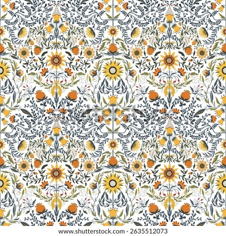 Seamless pattern with daisies, sunflowers, herbs. Seamless pattern with wild flowers. Stylish vintage, retro pattern.