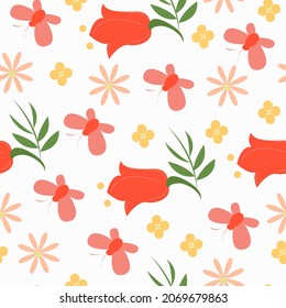 Patrón sin foco con margaritas, tulipanes y mariposas. El tema de la primavera y la calidez.
