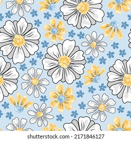 Seamless pattern with daisies. Vector illustration. Retro and hippie vibes.