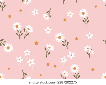 Seamless pattern with daisies and white flower on pink background vector illustration. Cute floral print.