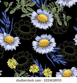 Seamless pattern from daisies and wildflowers for textile design