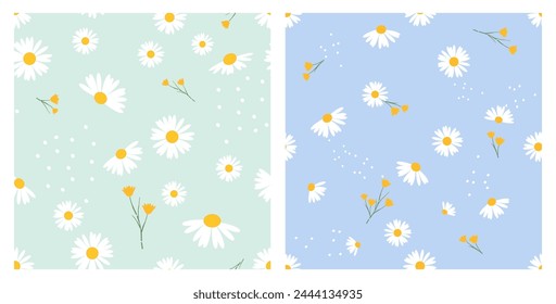 Seamless pattern with daisies and yellow flower on green and blue backgrounds vector.