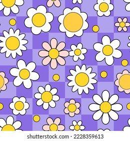 Seamless pattern with daisy. Abstract groovy background. Wall decor. Vector illustration in trendy psychedelic cartoon style.