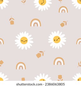 Seamless pattern with daisy cartoon, gold rainbow and tulip flower on grey background vector illustration.