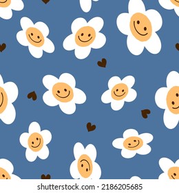 Seamless pattern with daisy cartoons and hearts on blue background vector illustration.