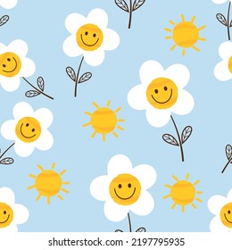 Seamless pattern with daisy cartoons and sun on blue background vector illustration. Cute childish print.