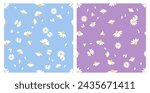 Seamless pattern with daisy chamomile flower and flying petals on blue and purple backgrounds vector. Cute floral print fabric. 