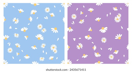 Seamless pattern with daisy chamomile flower and flying petals on blue and purple backgrounds vector. Cute floral print fabric. 