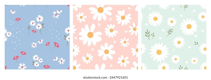 Seamless pattern with daisy chamomile flower, hand drawn hearts and leaves on blue, pink and green backgrounds vector. Cute floral prints.