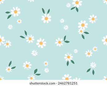 Seamless pattern with daisy chamomile flower and green leaves on green background vector.