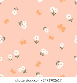Seamless pattern with daisy chamomile flower and orange butterflies on pink background vector.