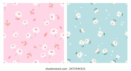 Seamless pattern of daisy chamomile flower with green leaves on pink and green backgrounds vector. Cute floral fabric print.