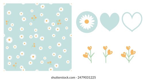 Seamless pattern with daisy chamomile flower on green mint background. Daisy icon. heart sign and heart shape plant vector.