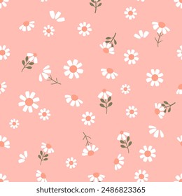Seamless pattern of daisy chamomile flower with green leaves on pink background vector.