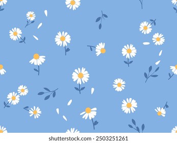 Patrón sin fisuras de flor de manzanilla con hojas y pétalos voladores sobre Vector de fondo azul. Lindo estampado floral.