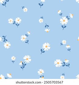 Seamless pattern with daisy chamomile flower on blue background vector. Cute floral print.