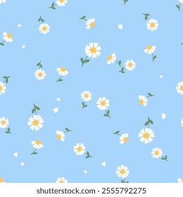 Seamless pattern of daisy chamomile flower with green leaves and flying petals on blue background vector.