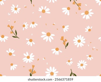 Seamless pattern with daisy chamomile flower, yellow flower  and flying petal on pink background vector.