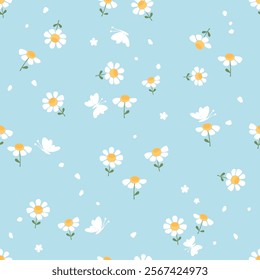 Seamless pattern with daisy chamomile flower, flying petals and butterflies on blue background vector.