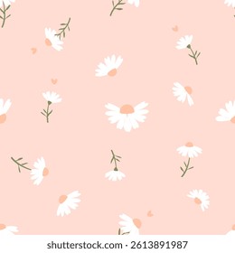 Seamless pattern with daisy chamomile flower green branches and small orange hearts on pink background vector. Cute floral print.