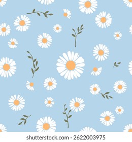 Seamless pattern with daisy chamomile flower and green branches on blue background vector. Cute hand drawn floral print.