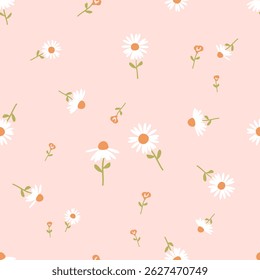 Padrão contínuo com flor de camomila margarida e flor amarela no vetor de fundo rosa.