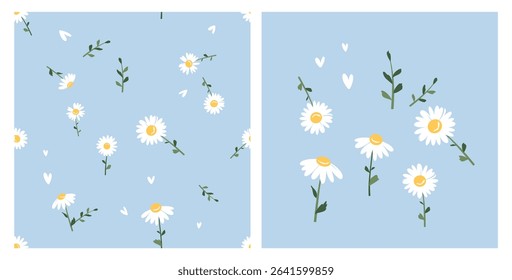 Seamless pattern of daisy chamomile flower, green branch and flying petals on blue background. Set of daisy and green leaves icons vector.