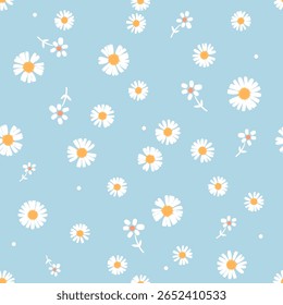 Modelo inconsútil con la flor de la manzanilla de la margarita y el punto Pequeño en Vector azul del fondo.