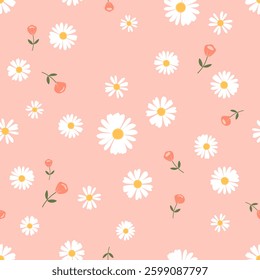 Seamless pattern with daisy chamomile garden and pink flower on pink background vector.
