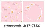 Seamless pattern with daisy chamomile, pink flower and rainbows on pink background. Daisy flower and pink flower wreath sign vector.
