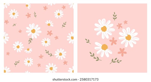 Seamless pattern with daisy chamomile, pink flower, green branch on pink background. Daisy icon sign vector.