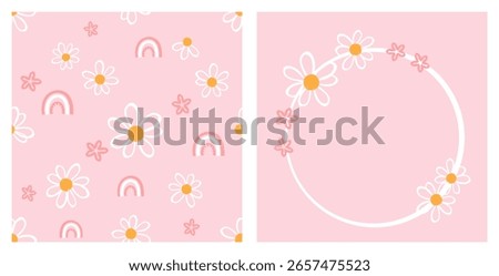 Seamless pattern with daisy chamomile, pink flower and rainbows on pink background. Daisy flower and pink flower wreath sign vector.