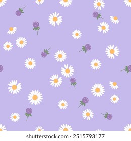 Seamless pattern with daisy and cute flower on purple background vector. 