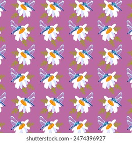 Seamless pattern daisy dragonfly Lilac background postcards posters banners Spring Summer fabric clothing Suitable wrapping paper wallpaper Textile template Vector