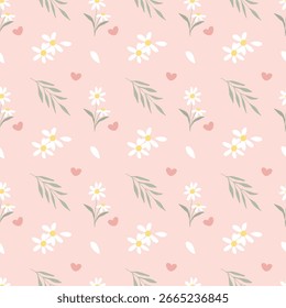 Seamless pattern of daisy floral illustration, Chamomile spring white flowers clipart, Wildflower arrangement and summer wreath hand draw vector.