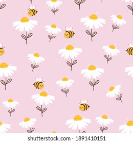 Seamless pattern with daisy flower and bee cartoon on pink background vector illustration.