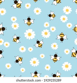 Seamless Pattern With Daisy Flower And Bee Cartoon On Blue Background Vector Illustration. Cute Floral Print.