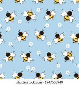 Seamless pattern with daisy flower and bee cartoon on blue background vector illustration.