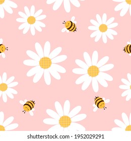 Seamless pattern with daisy flower and bee cartoons on pink background vector illustration. Cute floral print.