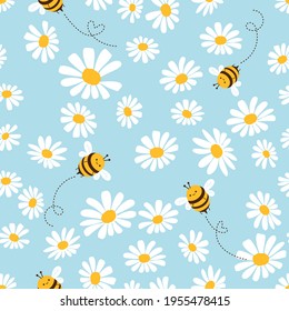 Seamless pattern with daisy flower and bee cartoons on blue background vector illustration. 