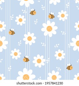 Seamless pattern with daisy flower and bee cartoon on blue background vector illustration.