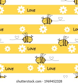 Patrón sin brillo con dibujos animados de flores de margarita y abejas sobre ilustración vectorial de fondo de franja blanca amarilla.