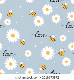Seamless pattern with daisy flower, bee cartoons and hand written font on blue background vector illustration.
