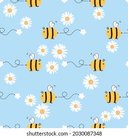 Seamless pattern with daisy flower  and bee cartoons on blue background vector illustration.