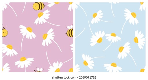 Seamless pattern with daisy flower and bee cartoons on purple and blue backgrounds vector illustration. Cute floral print.