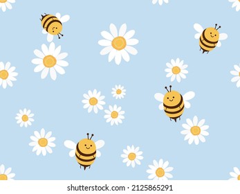 Seamless pattern with daisy flower and bee cartoons on blue background vector illustration.