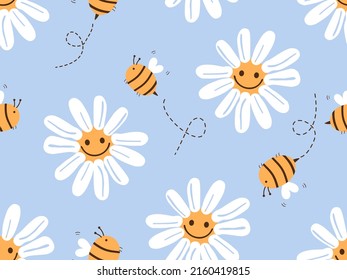 Patrón sin brillo con dibujos de flores de margarita y abejas sobre la ilustración vectorial de fondo azul. Huella infantil.