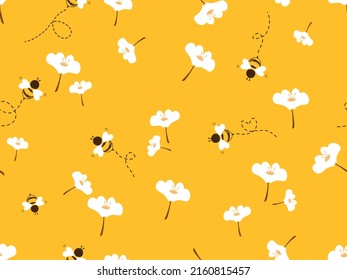 Patrón sin brillo con dibujos animados de flores de margarita y abejas sobre la ilustración vectorial de fondo amarillo. Impresión floral.